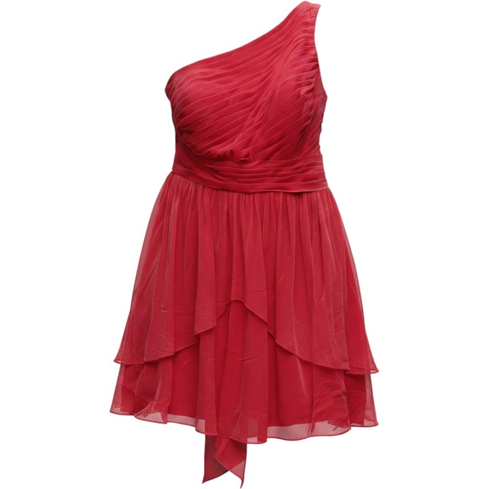 Azazie Red One Shoulder Chiffon Cocktail Dress Womens A18 Pleated Tiered Mini